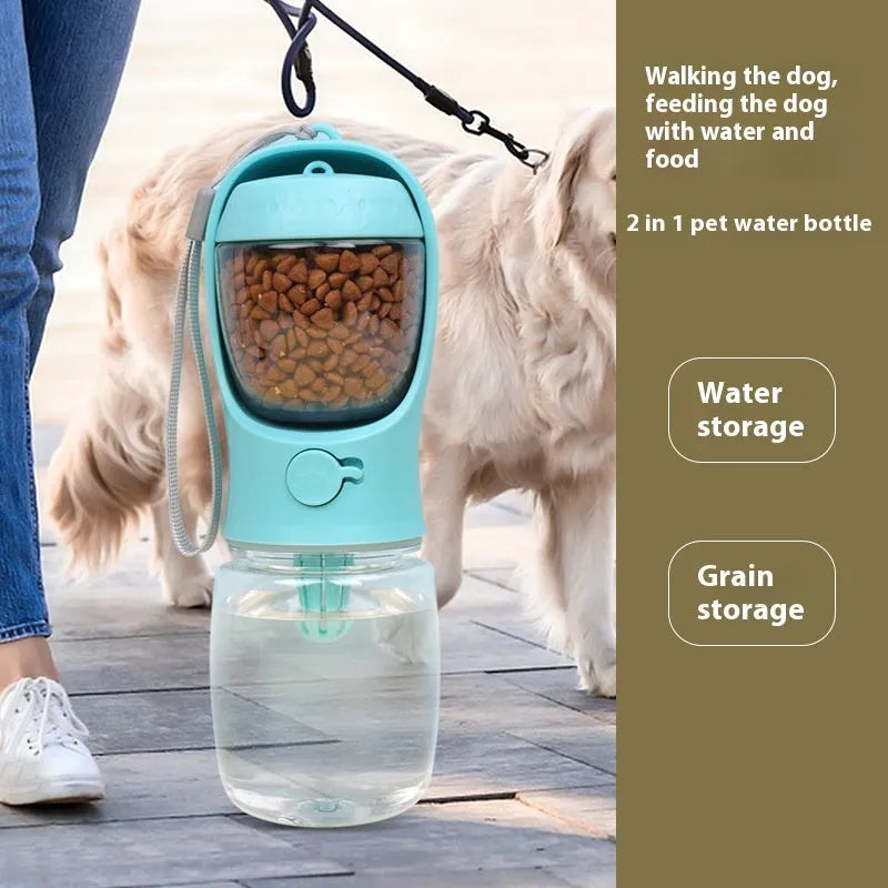 Blue portable plastic dog water cup with dual-use bowl design for outdoor walks.