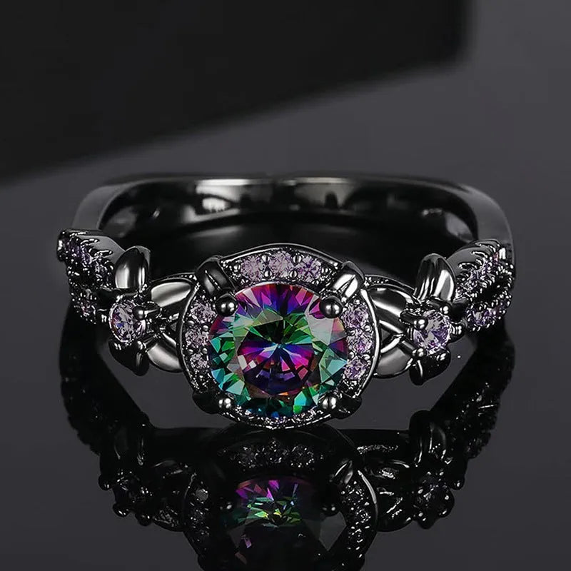 Sweet cool color ring for women bow geometric copper ring inlaid zircon black gold finish size No 8