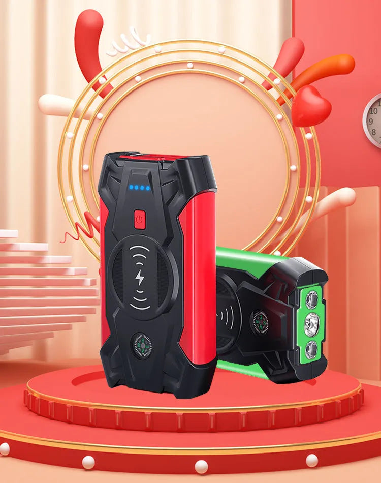 Red car emergency jump starter power pack with digital display and air pump inside a storage case.