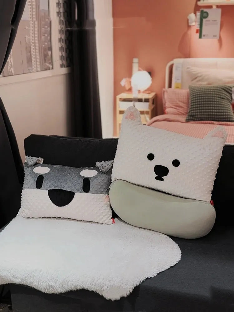 Rectangular grey schnauzer pattern dog pillow on a sofa, showing dimensions of 50 cm by 35 cm.