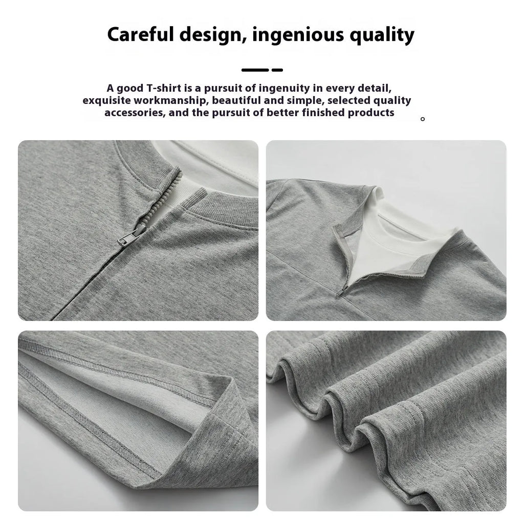 Loose fit zip false two-piece patchwork top in solid colour cotton blend fabric