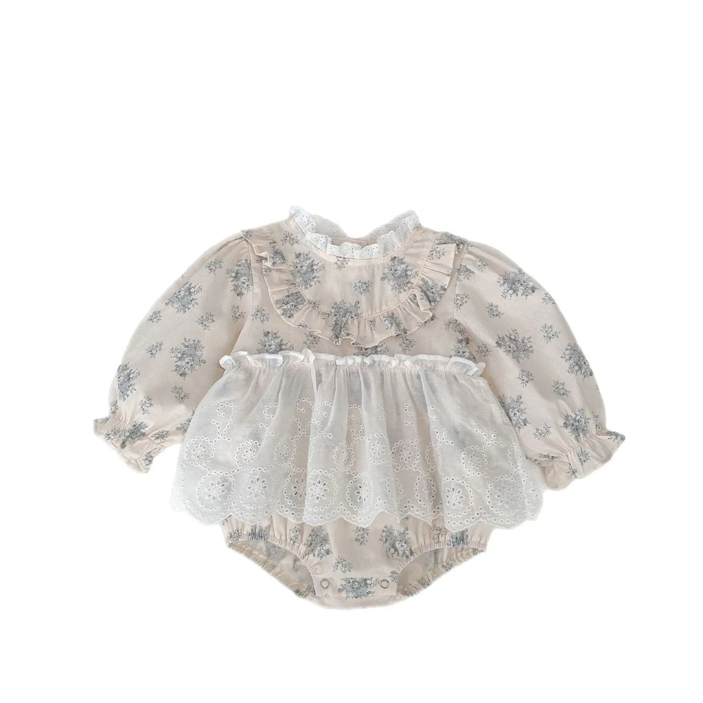 Apricot cotton baby bodysuit jumpsuit with sweet cutout lace print, triangle pullover style suitable for 66cm to 100cm height