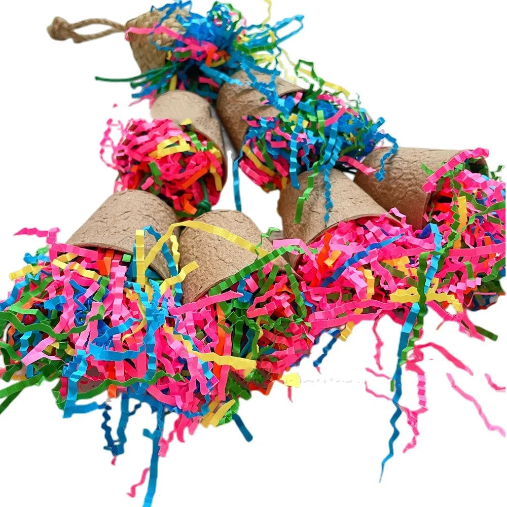Palm leaf woven parrot gnawing toy with paper cup shape hanging from cage