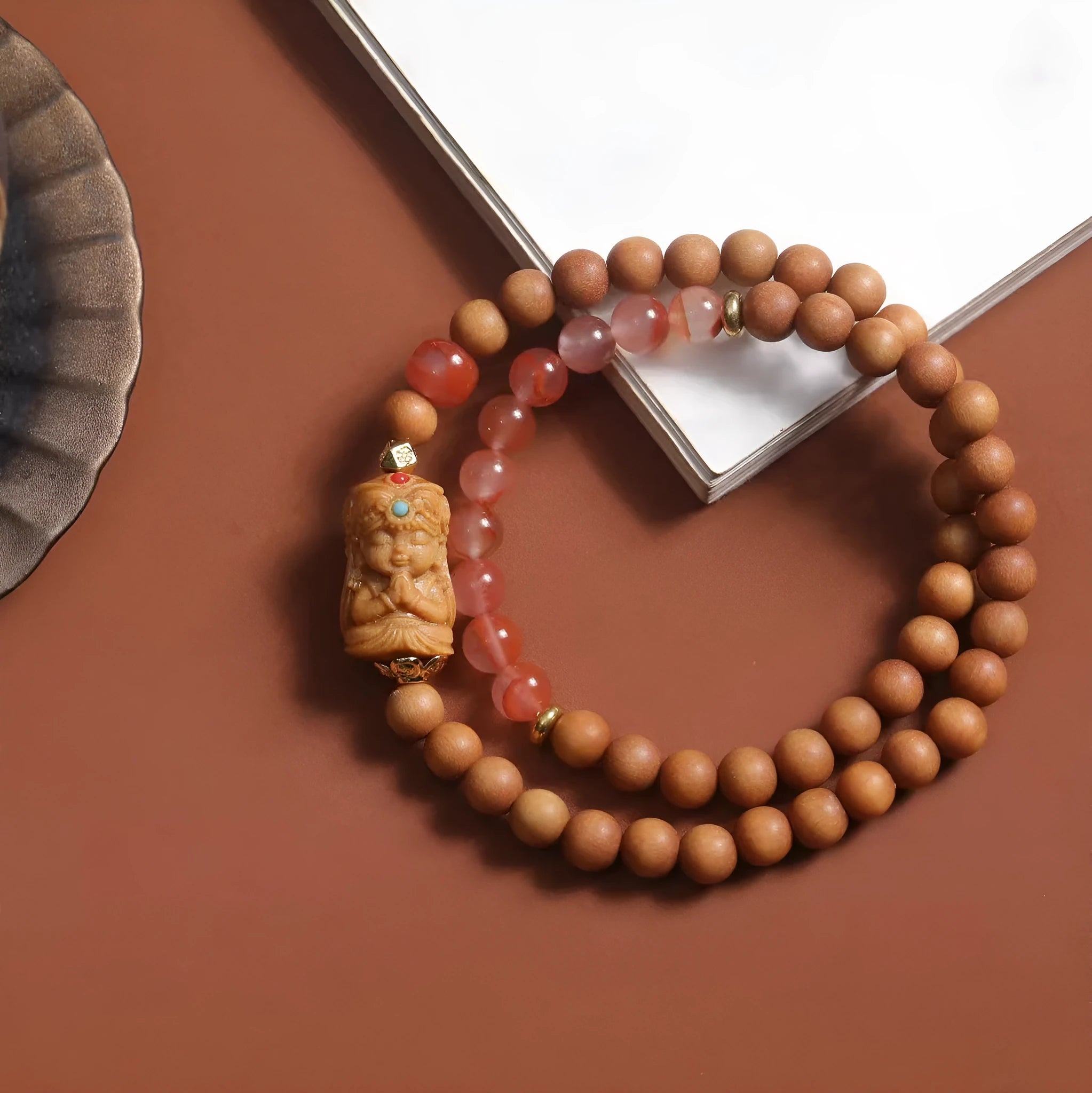 Brown wooden double circle bracelet with woven Zachilam pattern and 6mm round beads