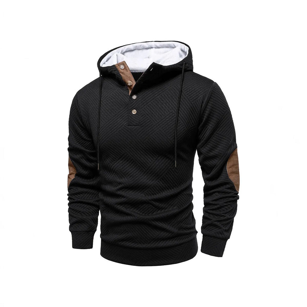 Men's loose hooded pullover sweatshirt in white, dark blue, apricot, dark gray, or black, sizes S to 3XL.