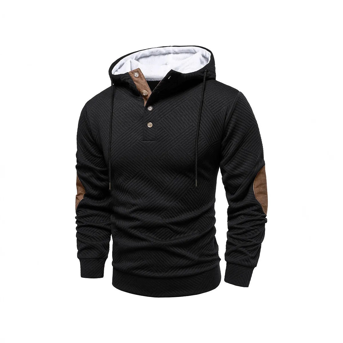 Men's loose hooded pullover sweatshirt in white, dark blue, apricot, dark gray, or black, sizes S to 3XL.