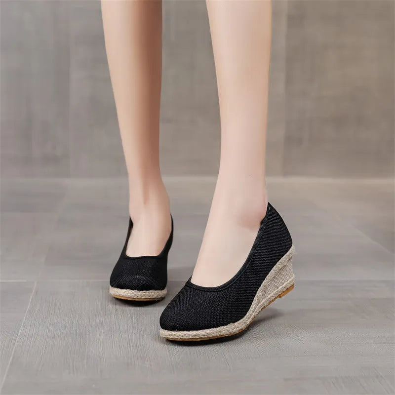 Women's high heel pointed straw wedge pumps in beige with cotton cloth upper and square toe
