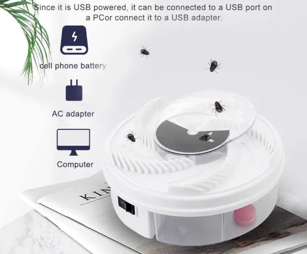 White USB electric fly trap with automatic fan, compact PP plastic body, 20 square metre coverage