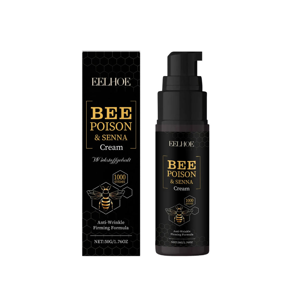 Bee venom facial cream in a compact white pot, 50g net content, dimensions 3.3x3.3x12.5cm