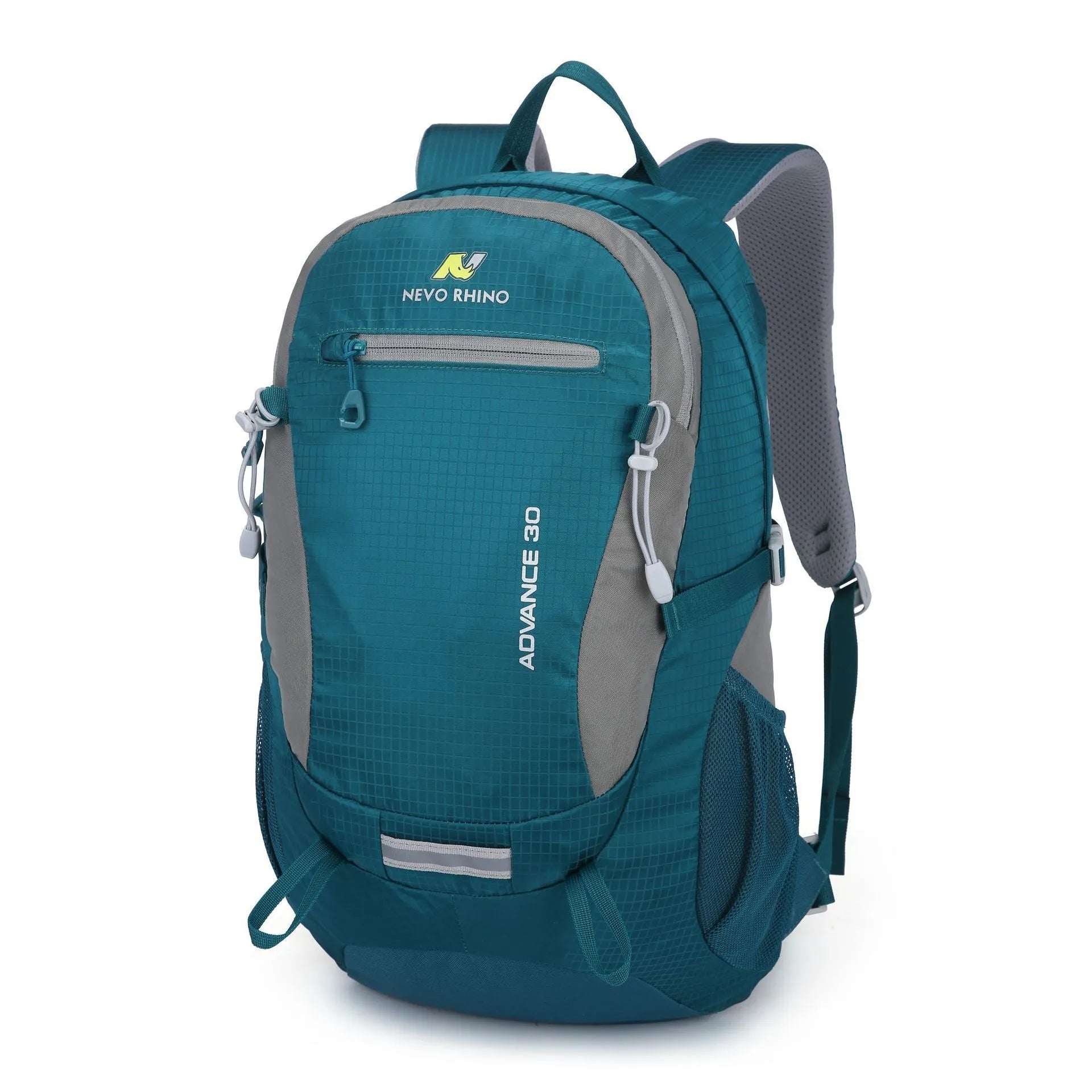 30 litre dark green nylon hiking backpack with airpillow straps shown from a side angle.