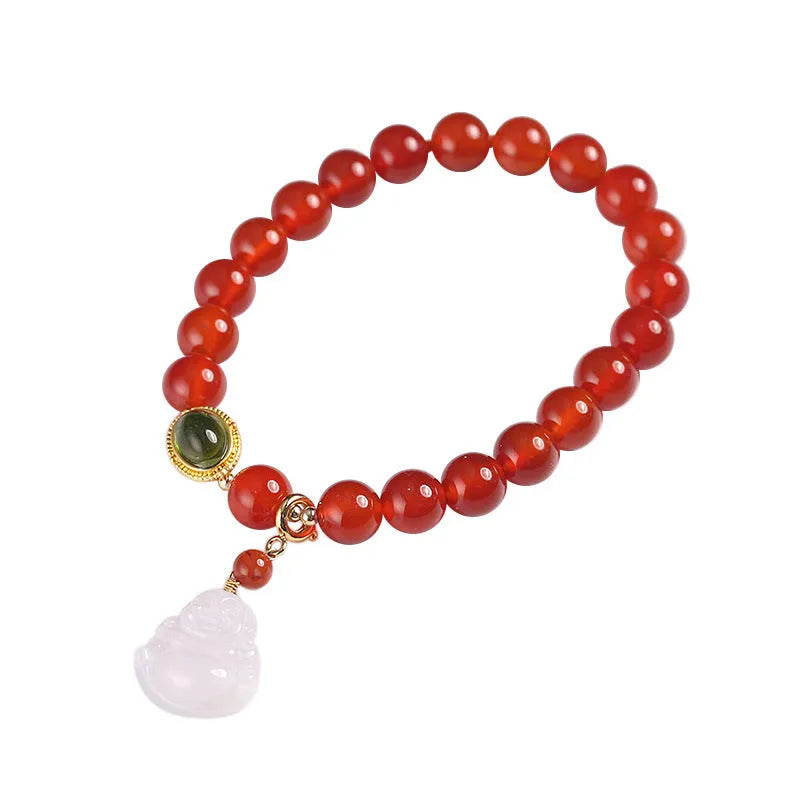 Red agate and amber women's bracelet with geometric Chinese design and hanging Maitreya Buddha charm