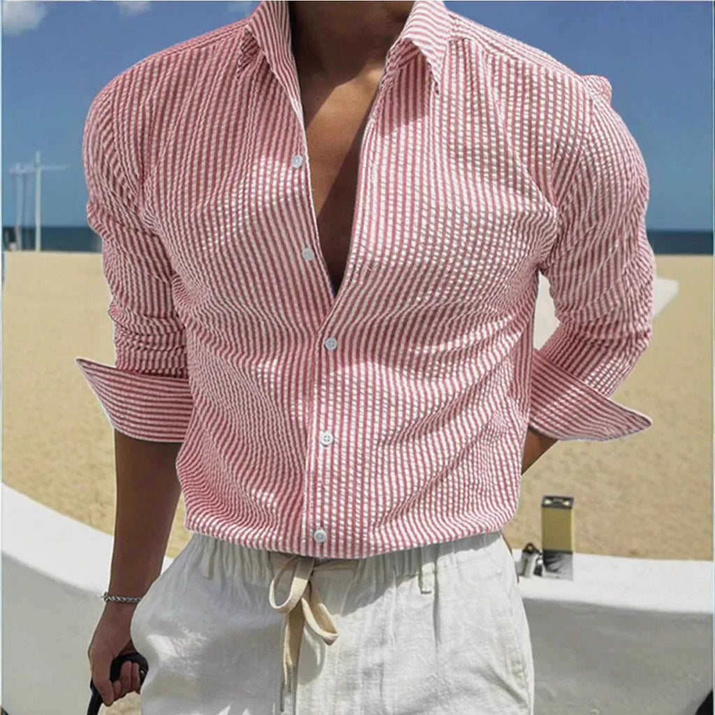 Men's striped cardigan lapel shirt in polyester available in multiple colours with long sleeves