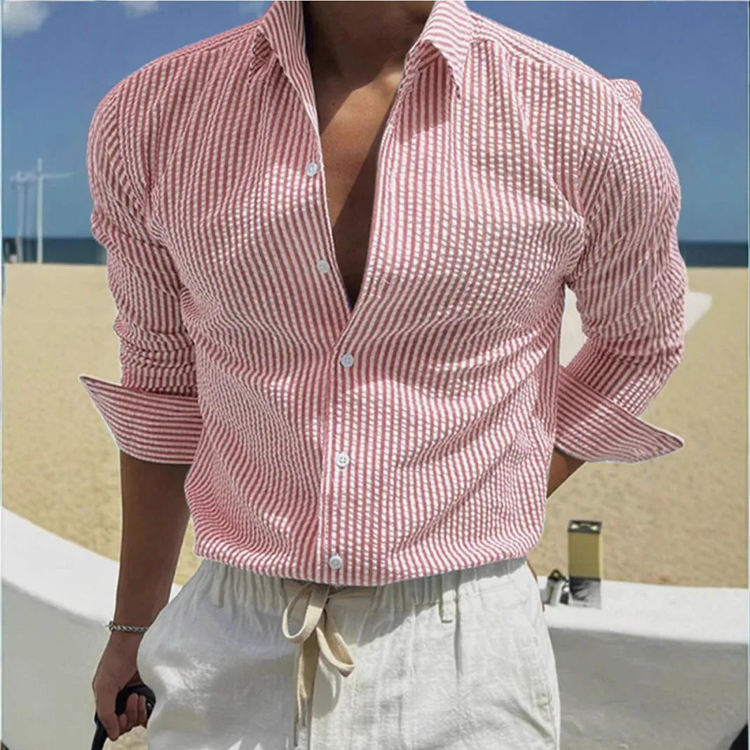 Men's striped cardigan lapel shirt in polyester available in multiple colours with long sleeves