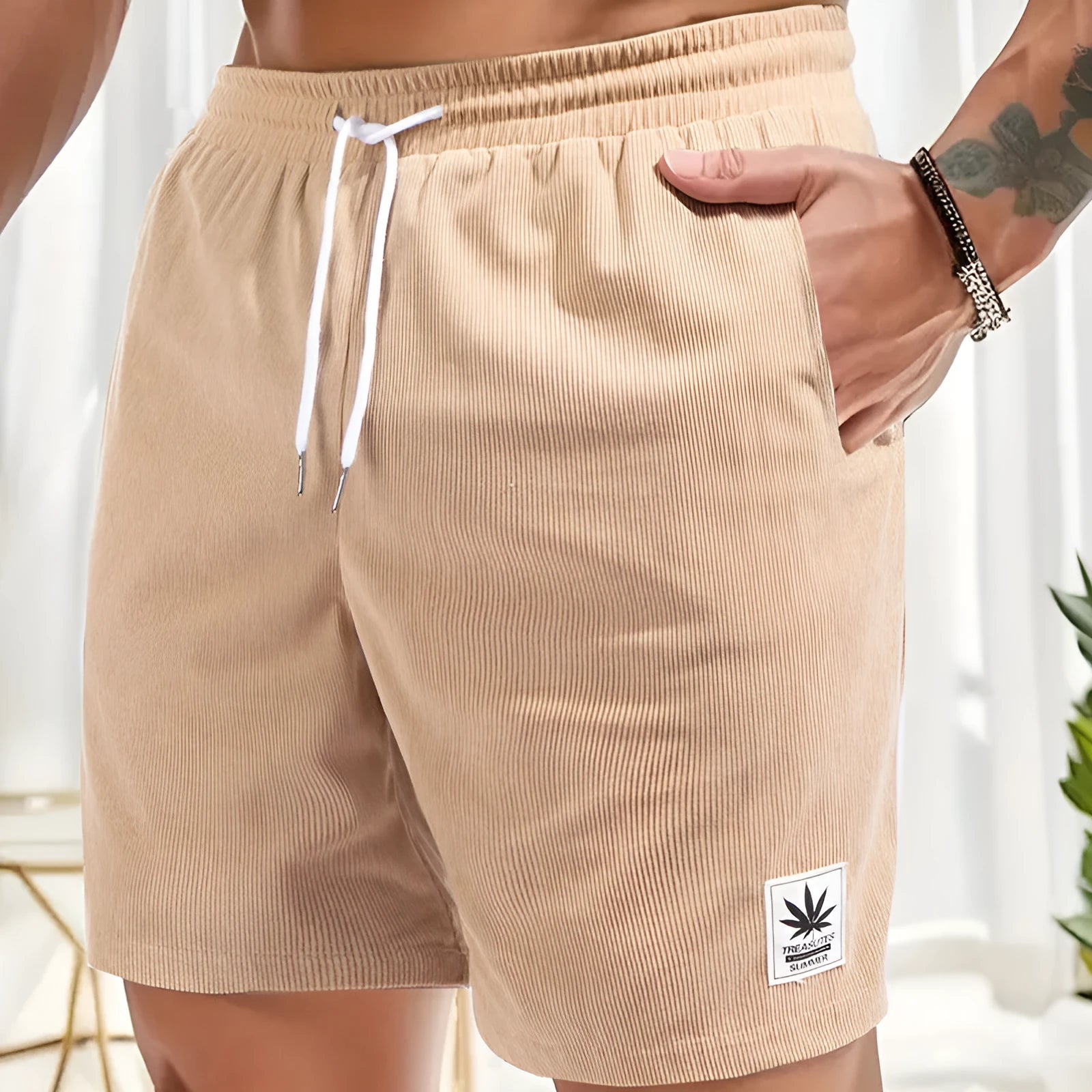 Men's straight-leg summer shorts with drawstring waist in blue colour option