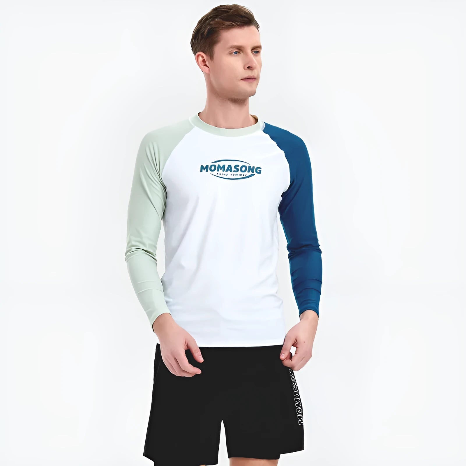 Men's white long sleeve swim shirt with matching beach trunks set for water sports
