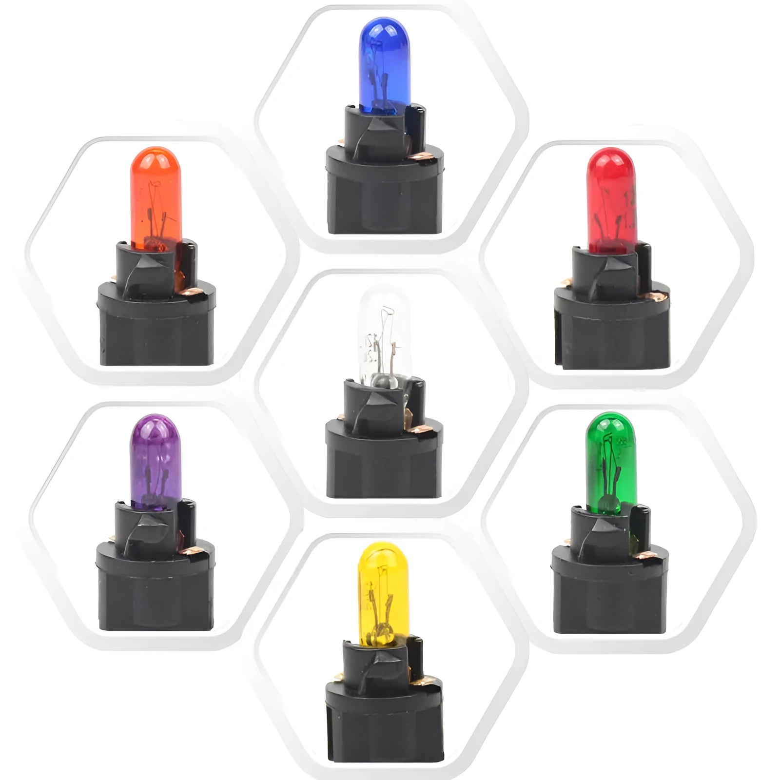 T5 12 volt 1.2 watt car dashboard indicator light bulb in red, blue, green, amber, yellow, and purple colours.