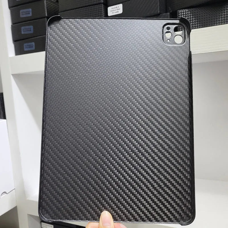 Carbon fibre hard protective case for iPad Pro 11 showing plaid weave pattern in a choice of three finishes.