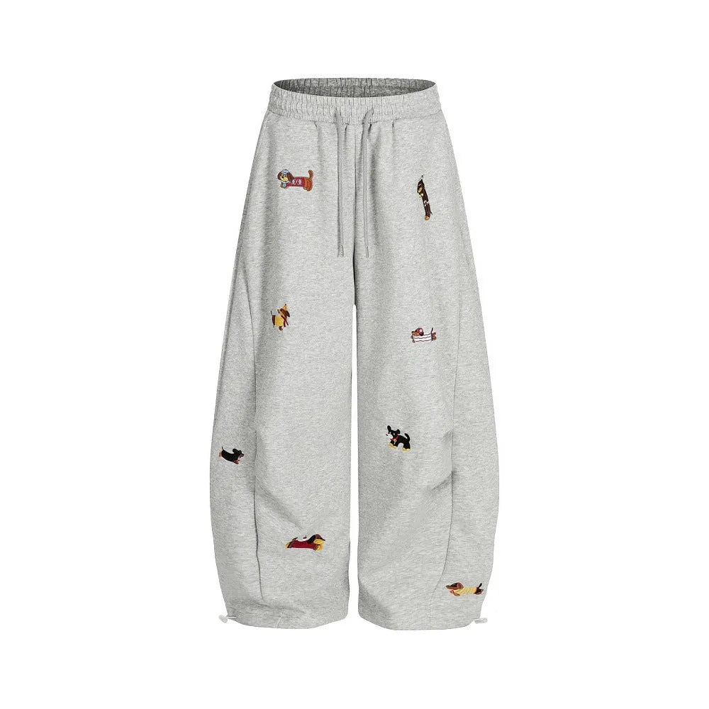 Lazy Sausage Dog embroidered machete sweatpants for men, loose fit, polyester, autumn, gray