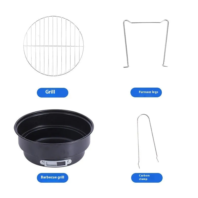 Small folding round ice stove outdoor barbecue grill set with all components displayed