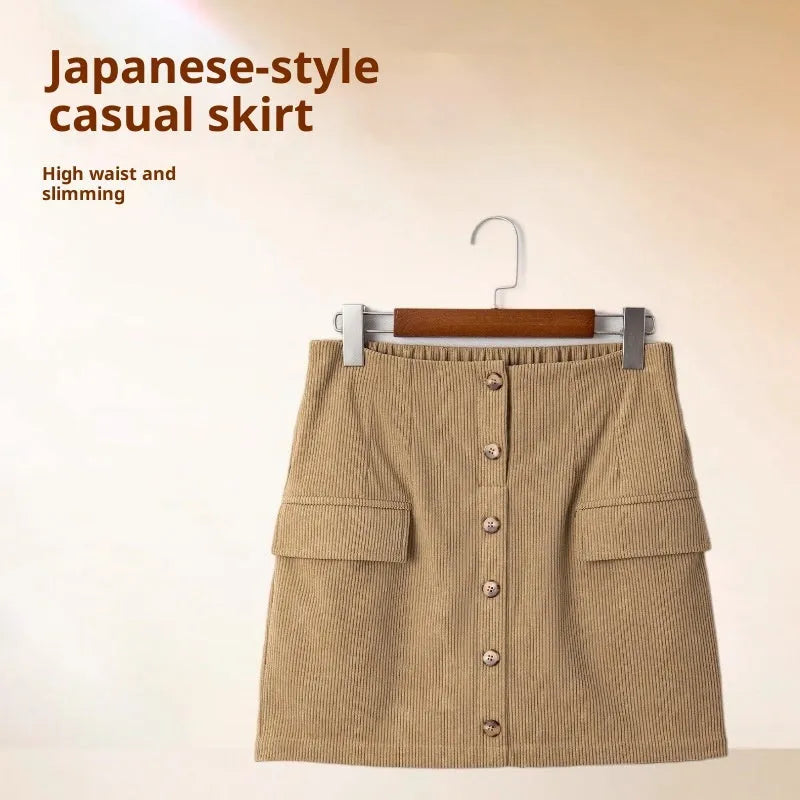 Women's corduroy hip skirt in coffee colour with button detail, short length, polyester fabric