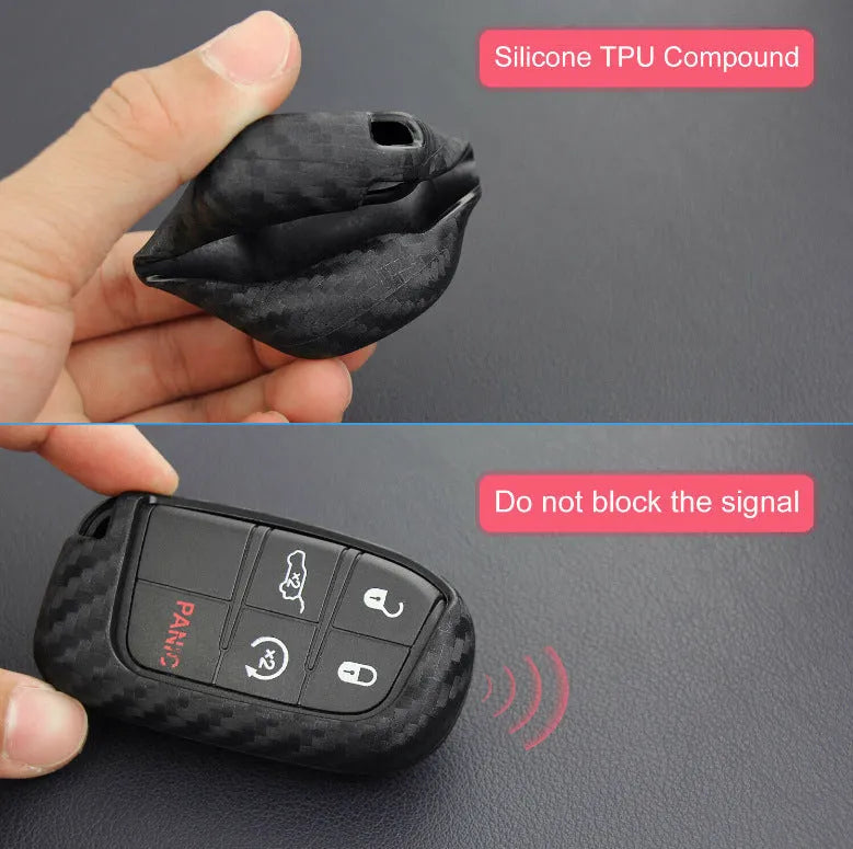 Black silicone car key case with carbon fibre pattern for Dodge, Chrysler, Fiat remote, shown with buckle option.
