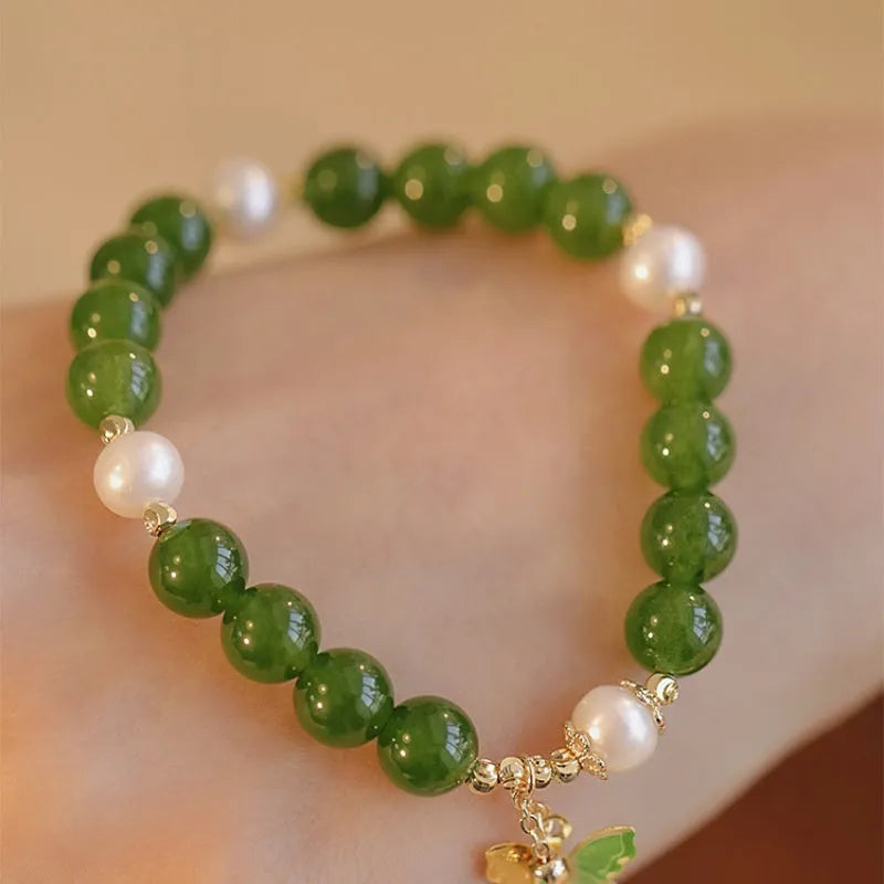 Green chalcedony geometric round bracelet for women with manual craftsmanship