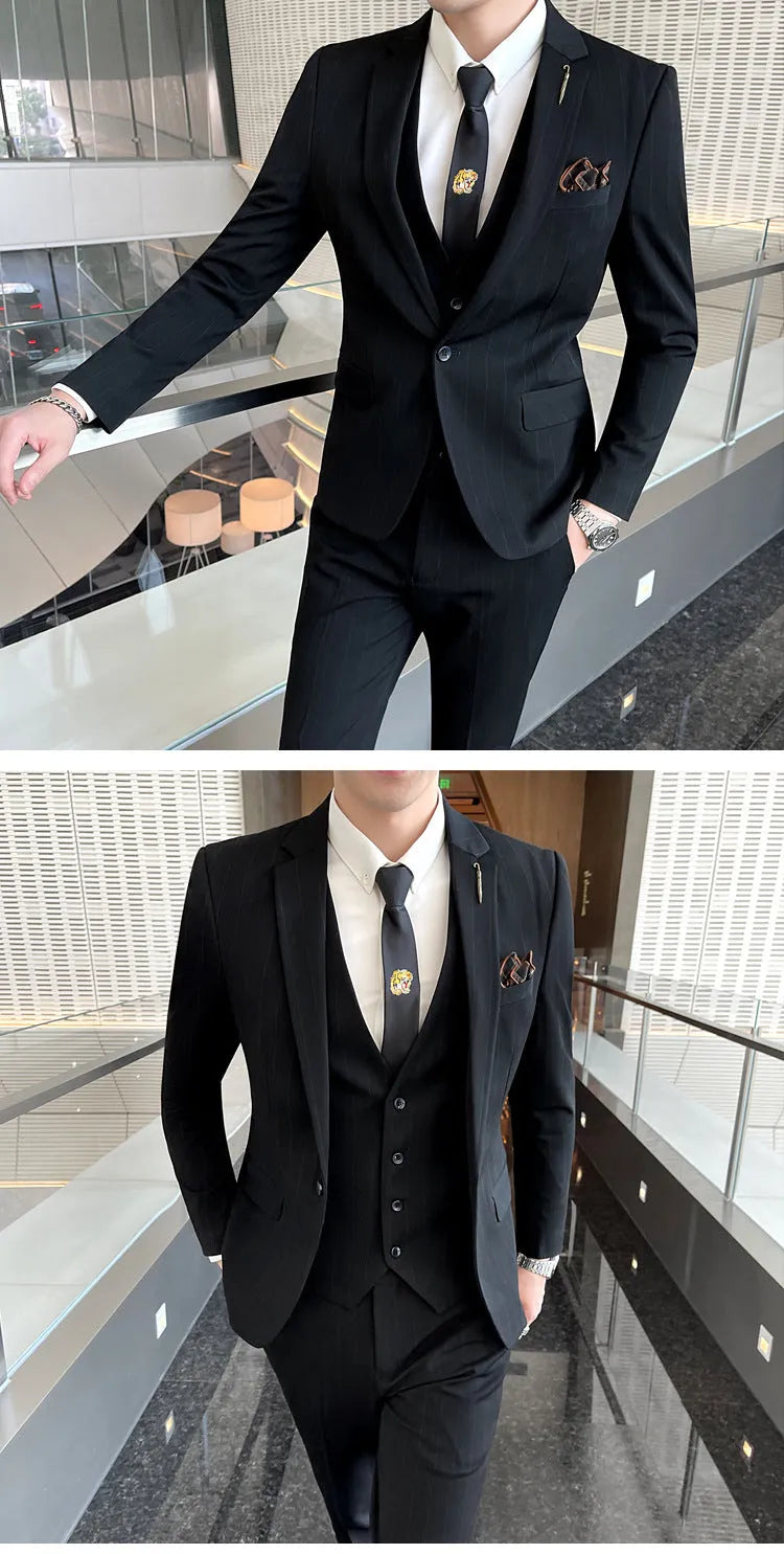 Men's three-piece striped suit set in black, slim fit, with jacket, vest and trousers on a hanger