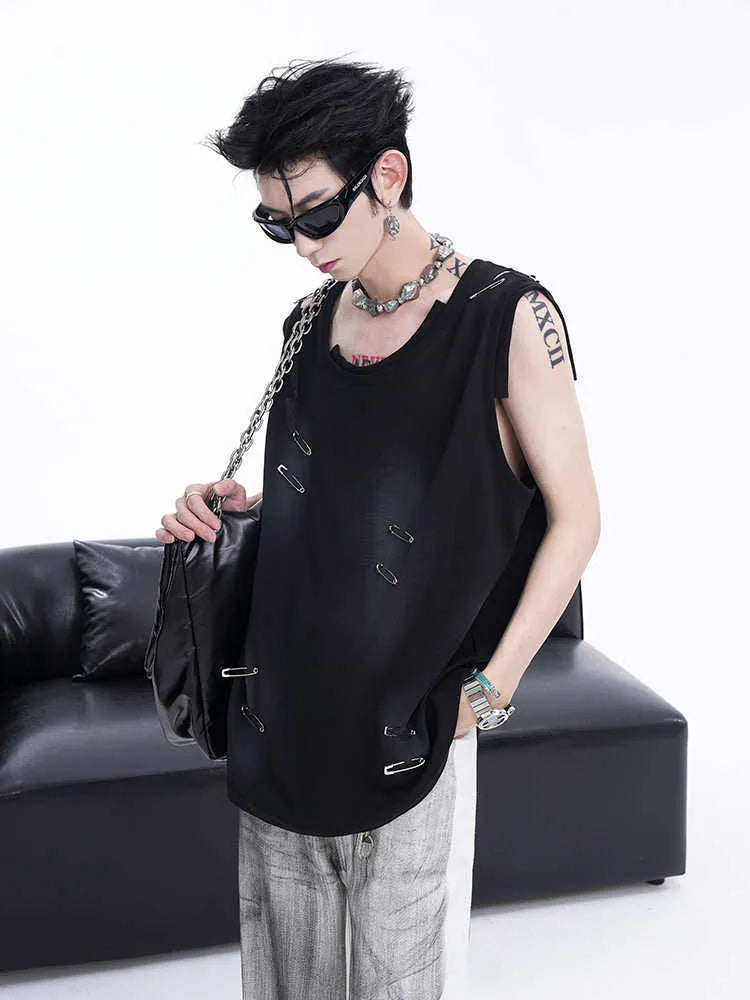 Men's black sleeveless t-shirt waistcoat with ripped irregular cutting detail and round neck collar