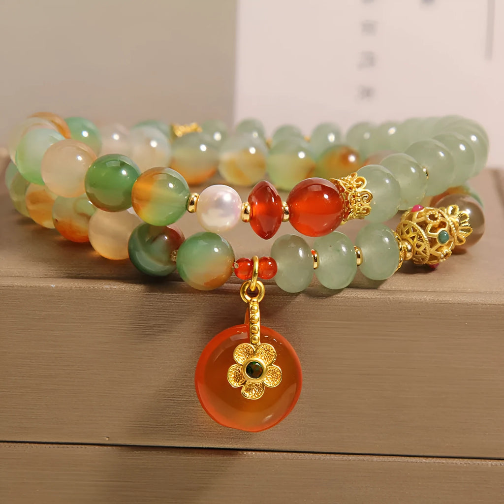Peacock green agate double ring bracelet for women with alloy safety buckle and rhinestone decoration