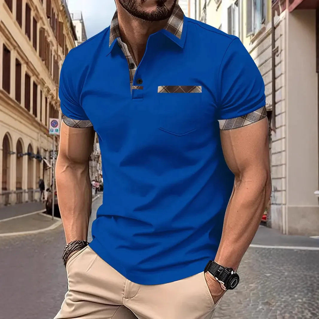 Men's loose fit colourblock plaid T-shirt with short sleeves and zipper decoration details