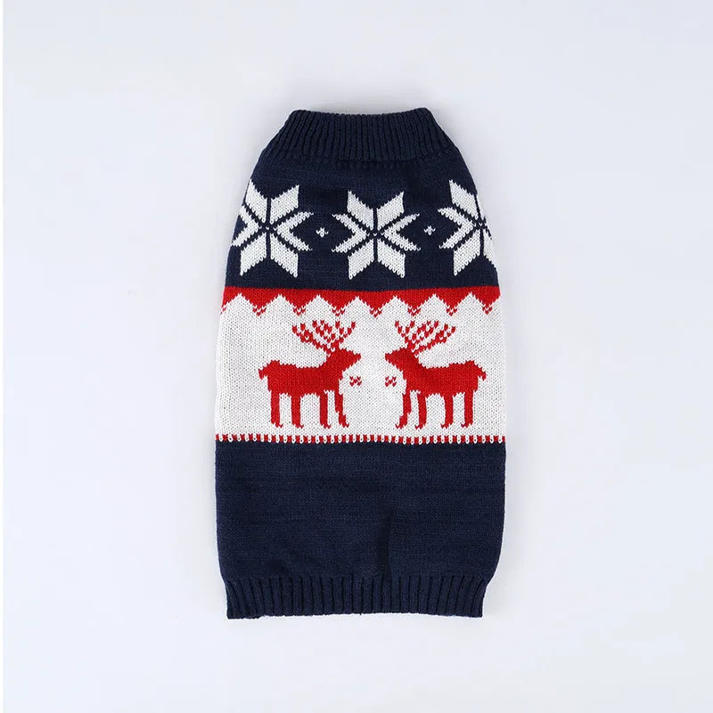 Navy blue knitted Christmas sweater for a dog, shown in a European American fitted style.