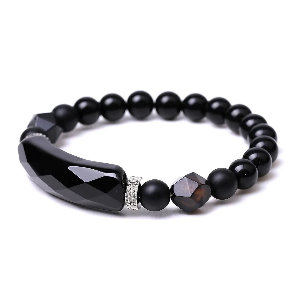 Handmade diamond-shaped cut agate bracelet with geometric design and fan-shaped elements