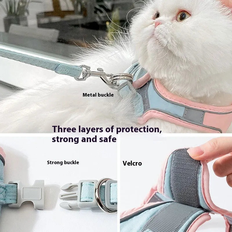 Blue and orange stitched reflective suede cat walking harness with a separate 1.5 metre rope.