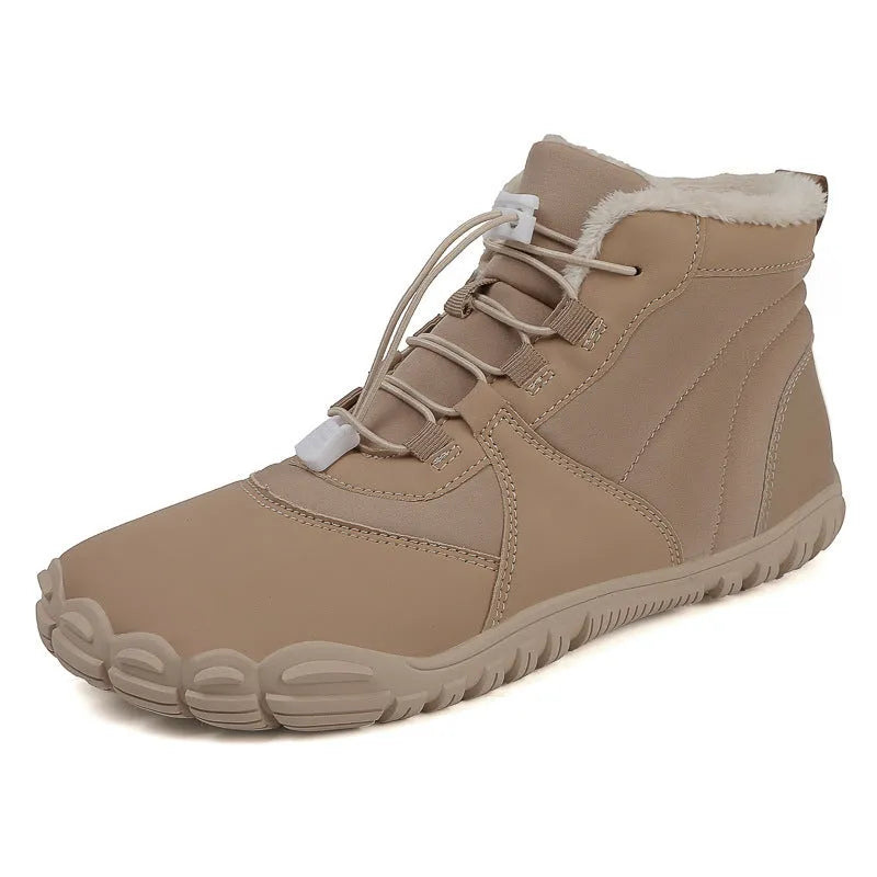 Outdoor snow boots in black with lace-up front, waterproof umbrella cloth upper, and rubber sole.