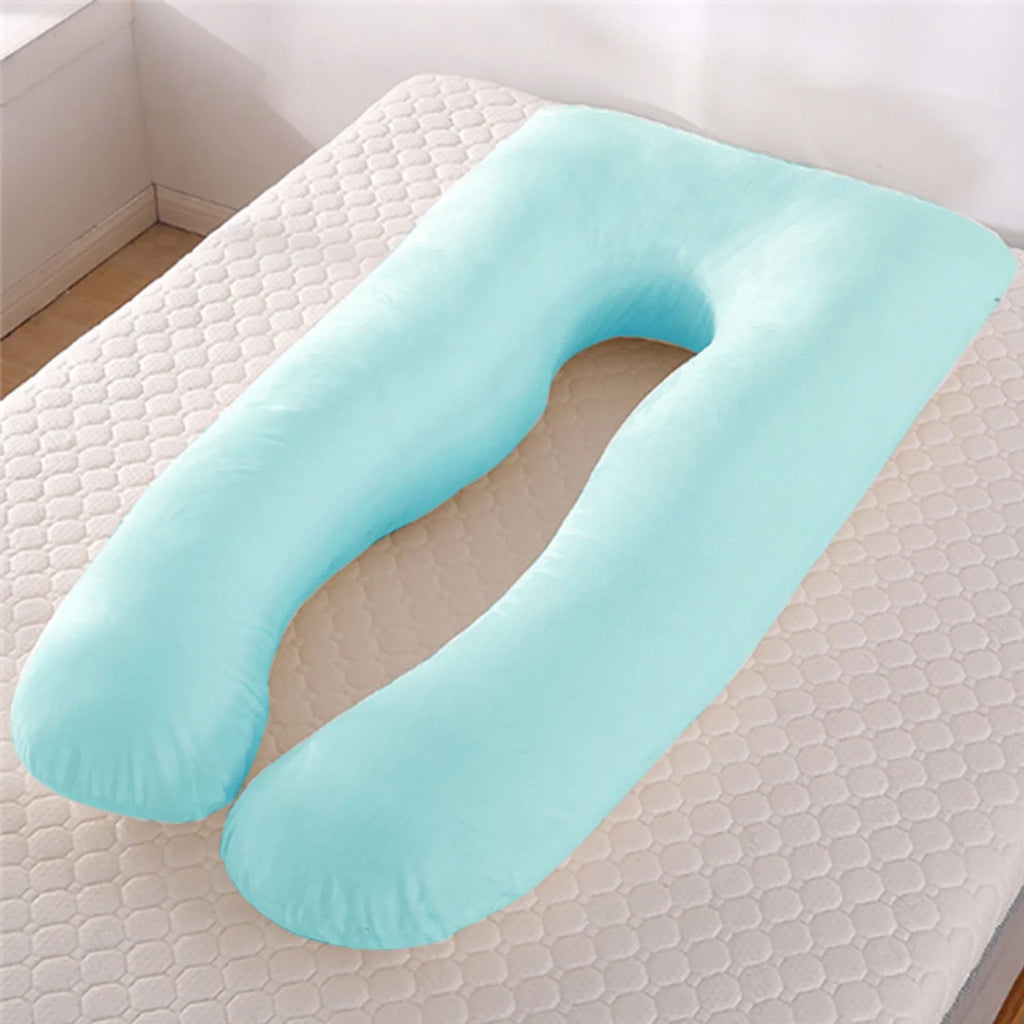 U-shaped maternity pillow in ice silk fabric for pregnancy support, shown in light blue colour.