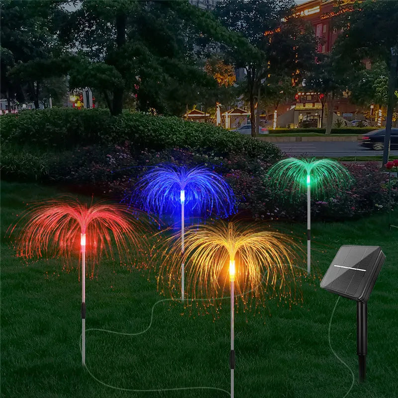 Solar fiber LED jellyfish ground light with remote control in a garden setting, IP44 outdoor decorative light