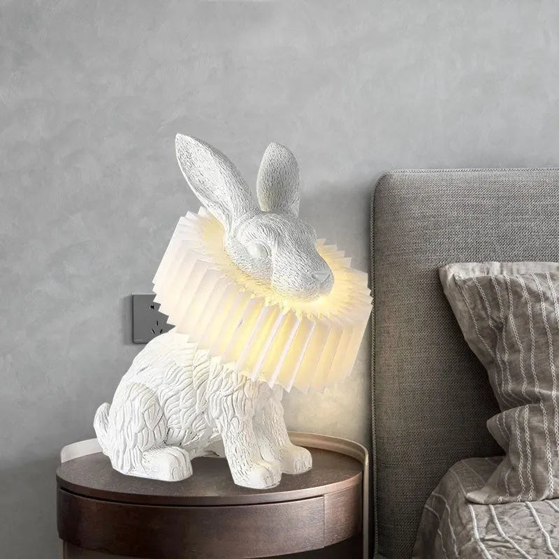 Custom graphic rabbit table lamp in standing posture with international plug options for bedroom lighting