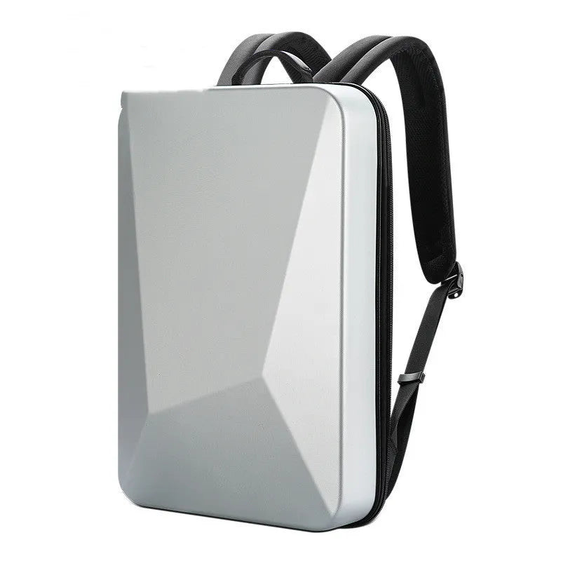 Men's hard shell gaming backpack in black or silver with lockable zipper and multiple internal pockets.