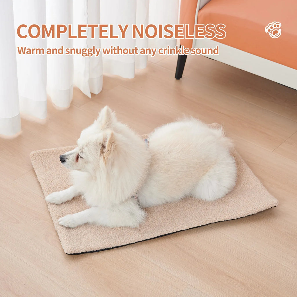 Grey plush self-heating pet pad for cats and dogs on indoor floor