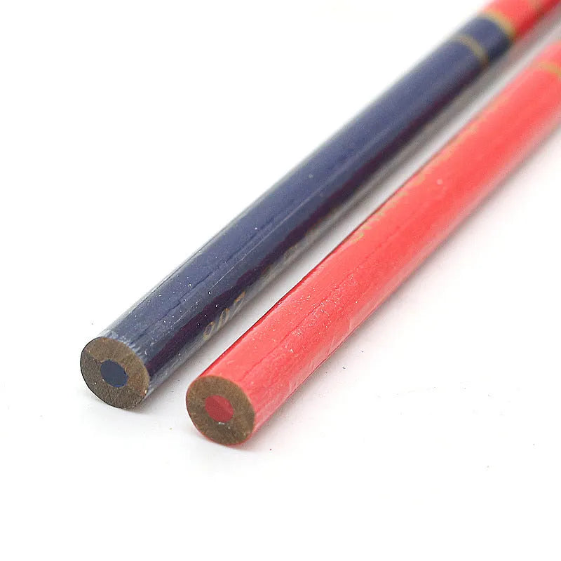 Ten red and blue two-tone round wooden carpenter's pencils for engineering and woodworking