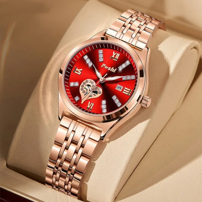 Women's fashion casual waterproof calendar luminous watch with alloy strap and Roman numeral rhinestone dial on white background