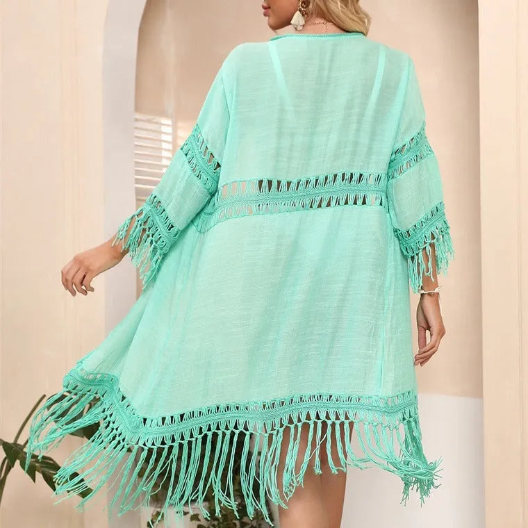 Hand-crocheted acrylic beach cardigan cover-up with tassel stitching in water green colour