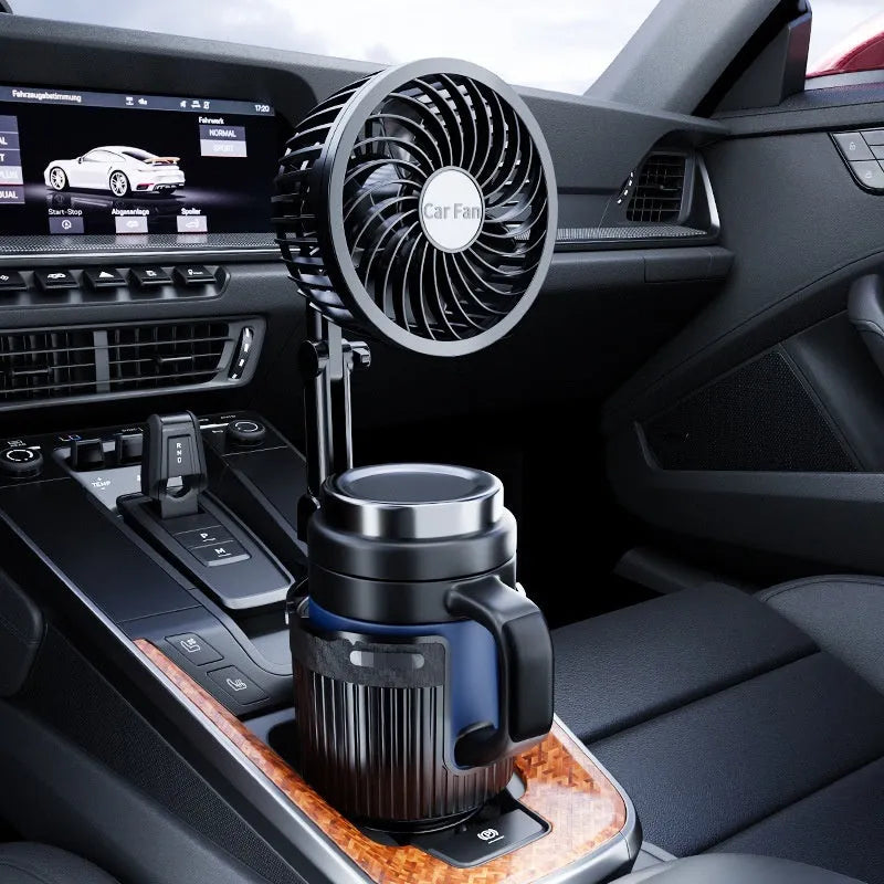 Car water cup holder fan in ABS plastic available in 4-inch and 6-inch sizes with multiple power connection options.