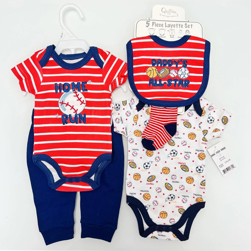 Baby one-piece cotton short sleeve bodysuit set with pants, mouth towel, and socks in red football pattern