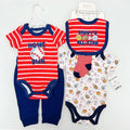 Baby one-piece cotton short sleeve bodysuit set with pants, mouth towel, and socks in red football pattern