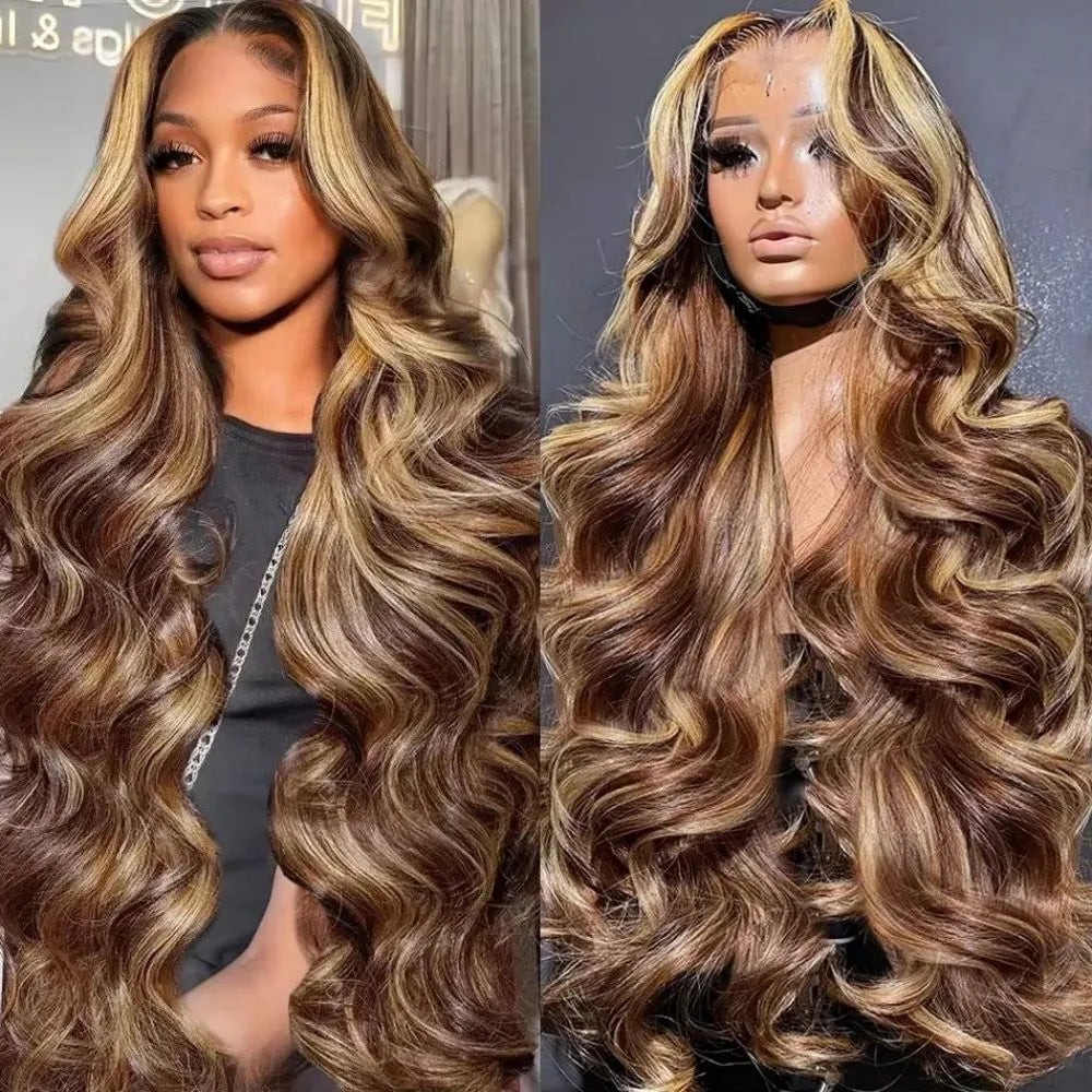 Women's piano colour highlight big wave lace wig long curly hair brown high temperature fibre