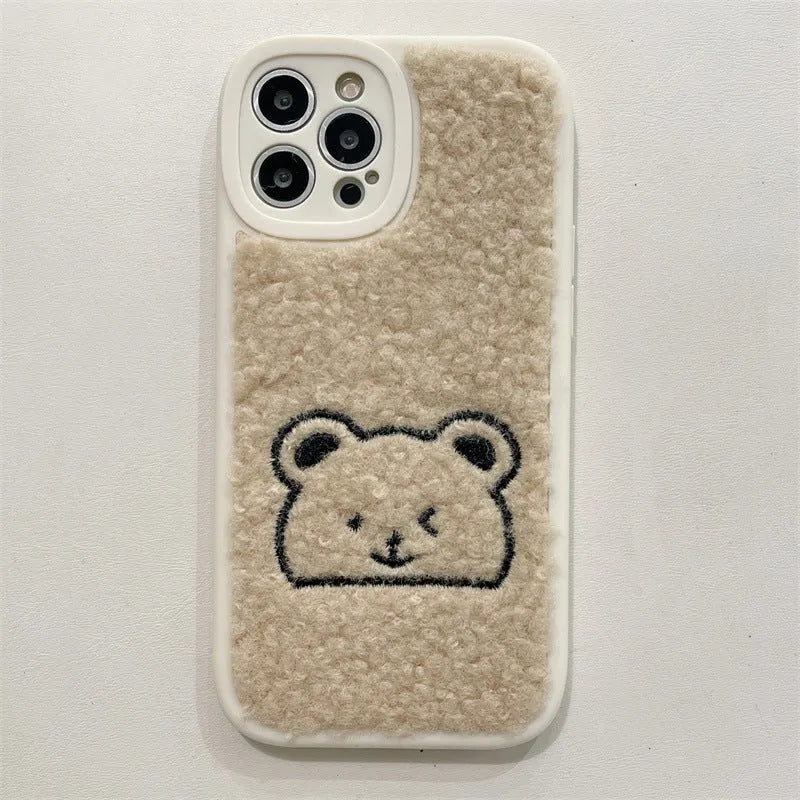 Plush embroidered bear shockproof phone case in light khaki for iPhone