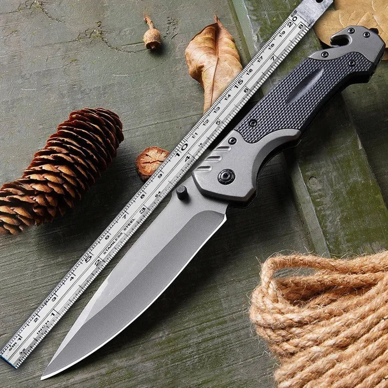 Alloy folding pocket knife with extended blade showing 60-degree tip angle