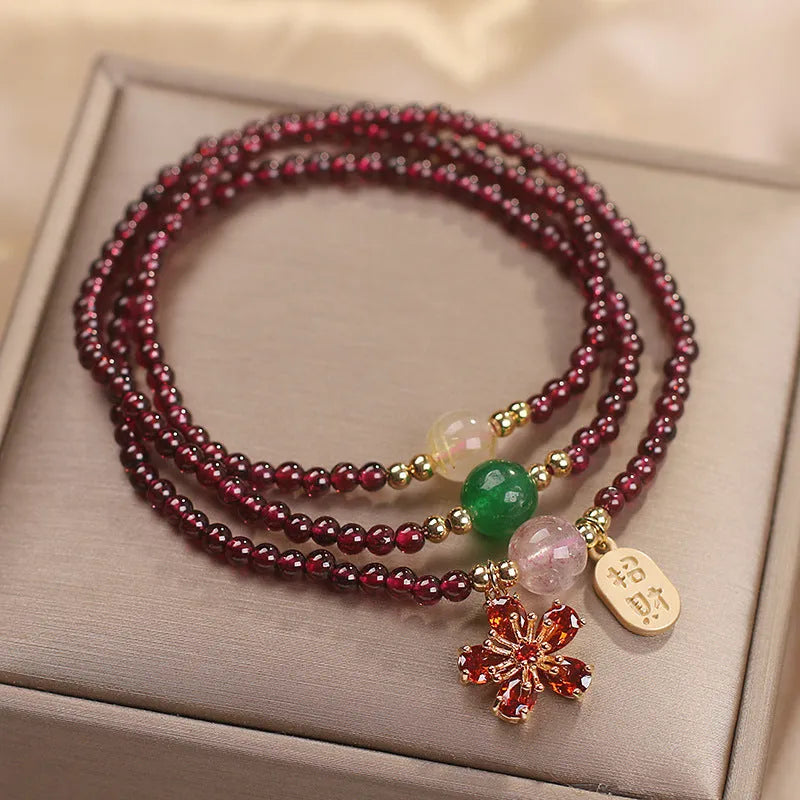 Natural crystal pomegranate bracelet for women, pomegranate red cherry blossom colour, with sequins, simple style