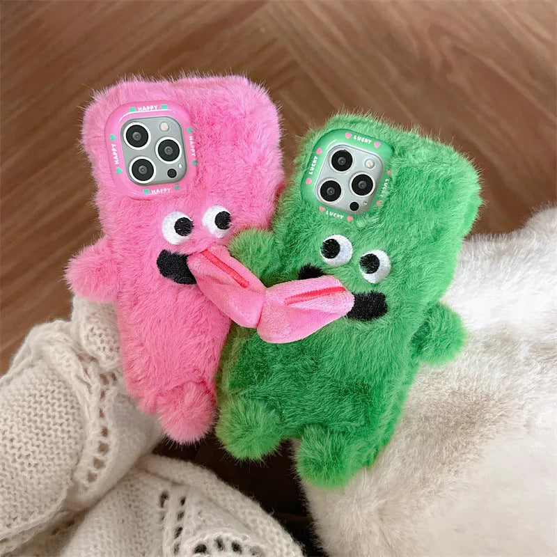 Soft plush phone case with green cartoon monster sticking tongue out, for iPhone.